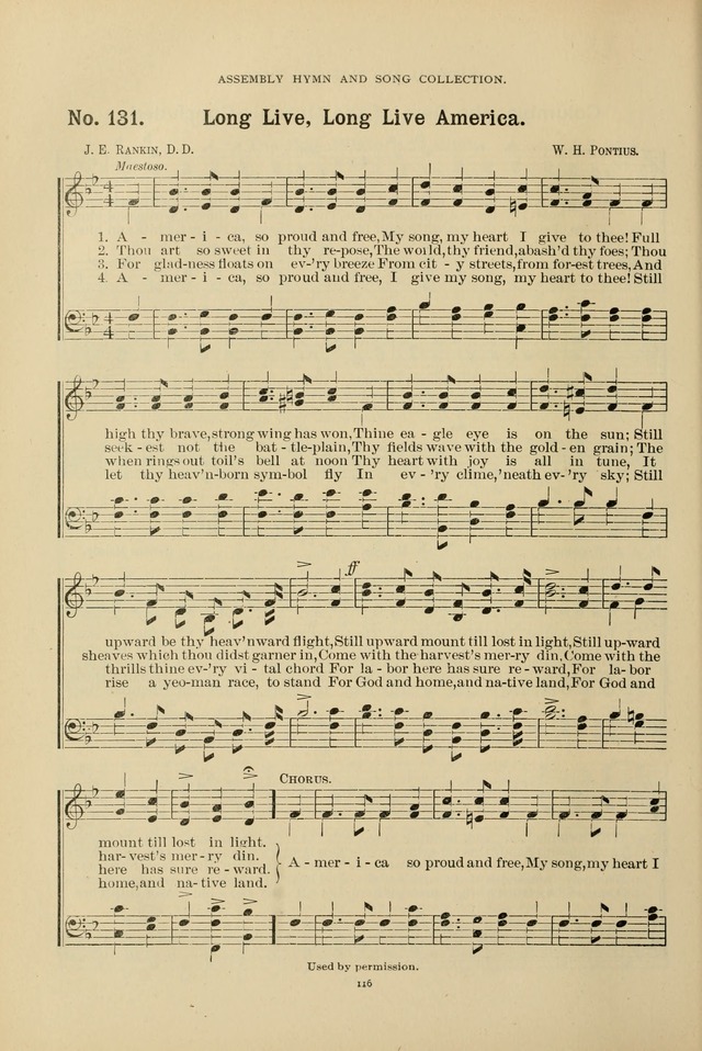 The Assembly Hymn and Song Collection: designed for use in chapel, assembly, convocation, or general exercises of schools, normals, colleges and universities. (3rd ed.) page 116