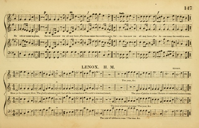 The American Vocalist: a selection of tunes, anthems, sentences, and hymns, old and new: designed for the church, the vestry, or the parlor; adapted to every variety of metre in common use. (Rev. ed.) page 147