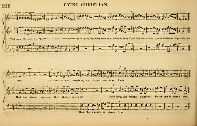 The American Vocalist: a selection of tunes, anthems, sentences, and hymns, old and new: designed for the church, the vestry, or the parlor; adapted to every variety of metre in common use. (Rev. ed.) page 216