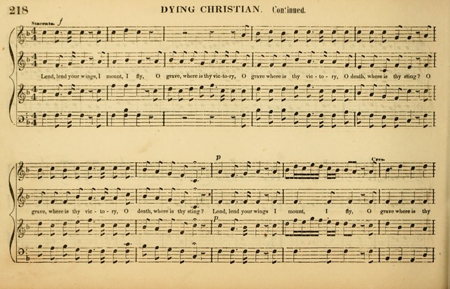 The American Vocalist: a selection of tunes, anthems, sentences, and hymns, old and new: designed for the church, the vestry, or the parlor; adapted to every variety of metre in common use. (Rev. ed.) page 218
