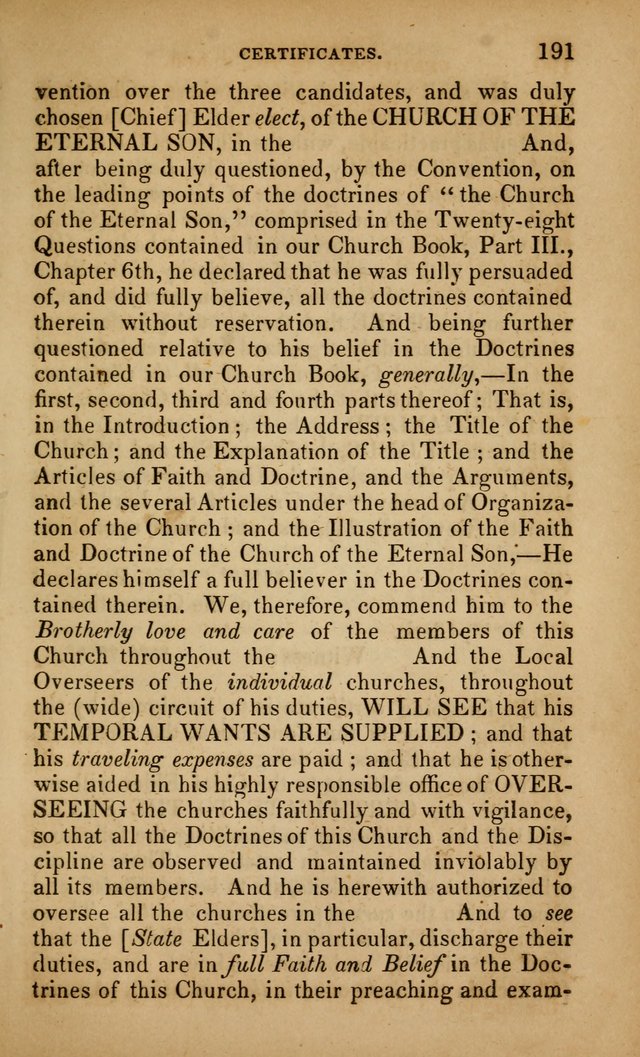 The Faith and Doctrines of the Church of the Eternal Son: intended as a church book for the church of the Eternal Sons generally... to which is added a number of select hymns adapted to the worship... page 191