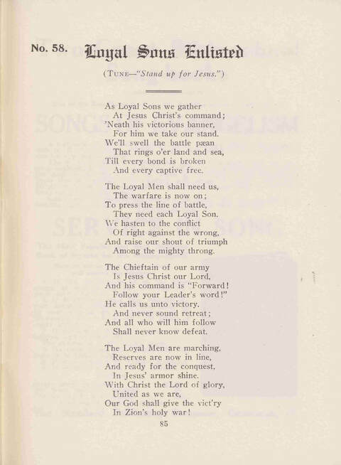 Loyalty to the King: a collection of new and old songs for the use of organized Sunday-school classes, especially for all classes in the Loyal Movement page 85