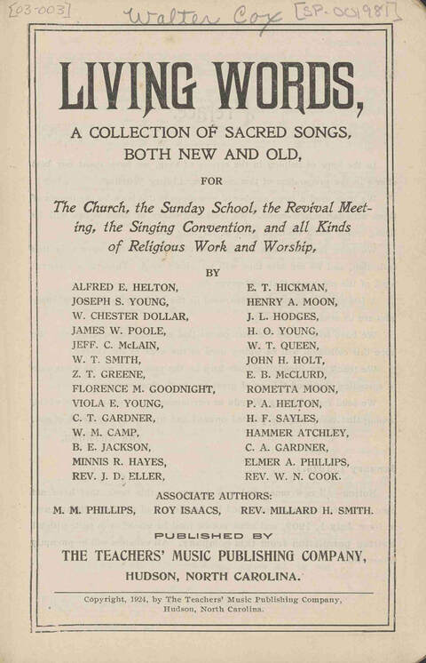 Living Words: a collection of sacred songs, both new and old, for the church, the Sunday school, the revival meeting, the singing convention, and all kinds of religious work and worship page ii