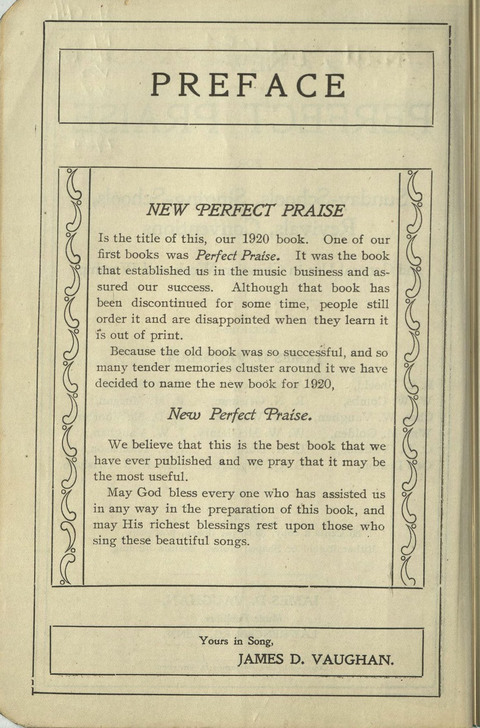 New Perfect Praise: for Sunday-schools, singing-schools, revivals, conventions and general use in Christian work and worship page iii