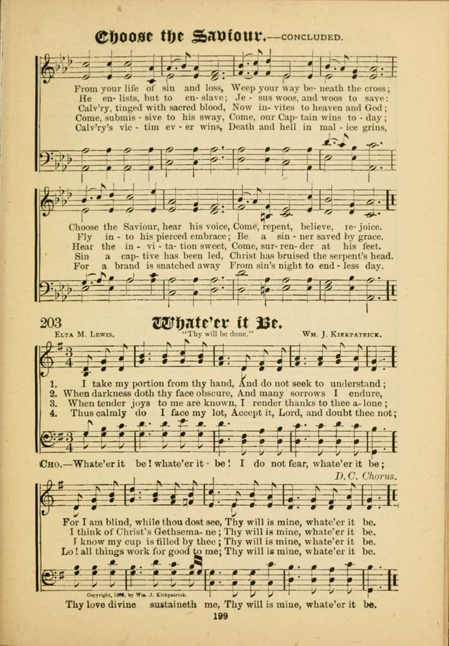 Our Praise in Song: a collection of hymns and sacred melodies, adapted for use by Sunday schools, Endeavor societies, Epworth Leagues, evangelists, pastors, choristers, etc. page 199