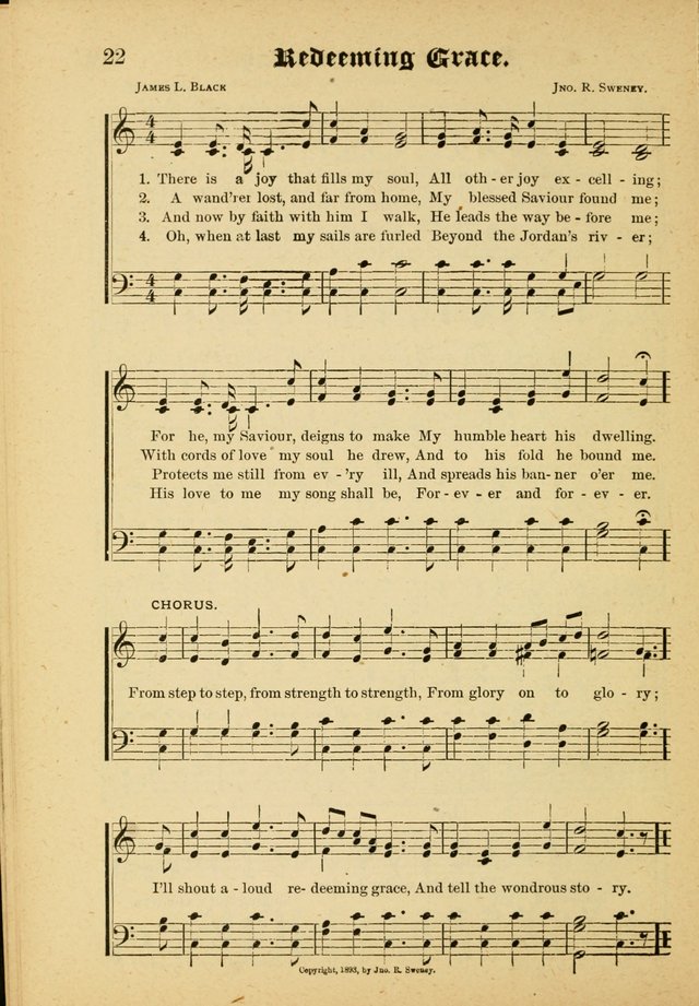Our Praise in Song: a collection of hymns and sacred melodies, adapted for use by Sunday schools, Endeavor societies, Epworth Leagues, evangelists, pastors, choristers, etc. page 22