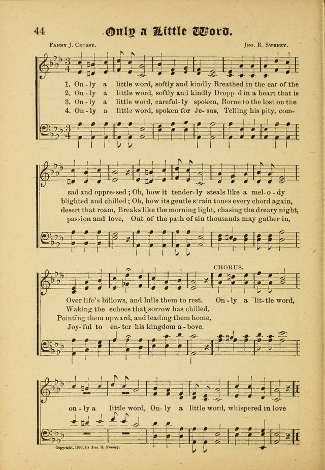 Our Praise in Song: a collection of hymns and sacred melodies, adapted for use by Sunday schools, Endeavor societies, Epworth Leagues, evangelists, pastors, choristers, etc. page 44