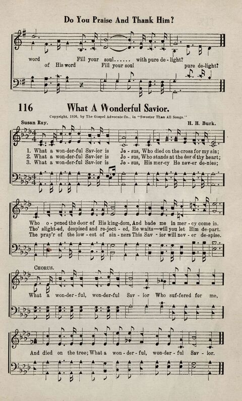 Sweeter Than All Songs: containing many new songs, a number of the popular songs of to-day, with many familiar hymns; for all occasions of Christian work and worship  page 105